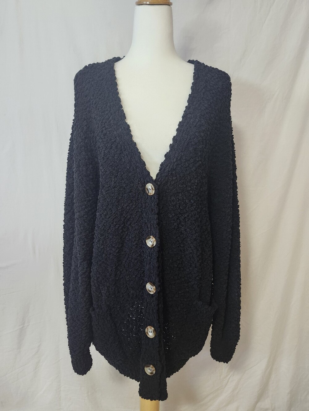 Zenana Cozy Black Bouclé Button-Up Cardigan Sweater